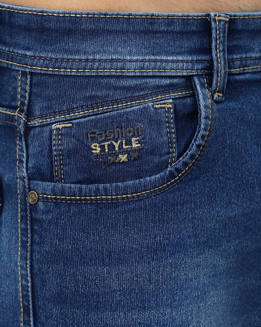 Close-up of the coin pocket on True Colors of India®️ (TCI) Men’s Mid Blue Slim Fit Jeans, showing detailed stitching and design.