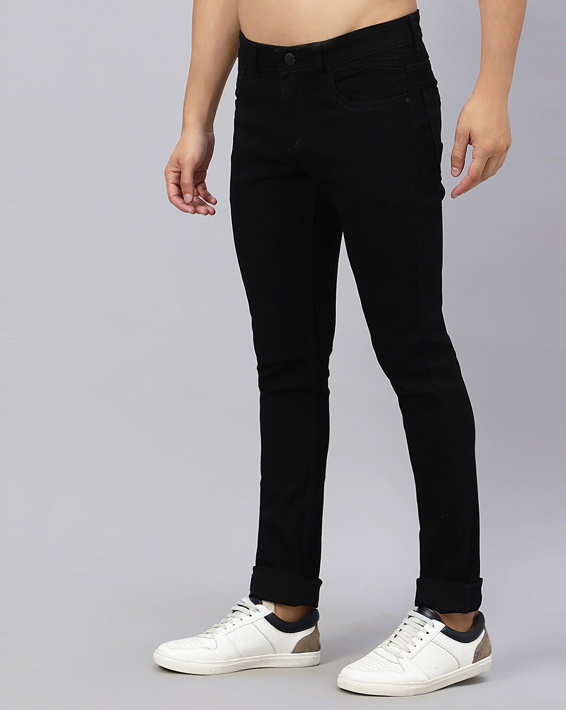 Side view of True Colors of India®️ (TCI) Men’s Black Denim Jeans, emphasizing the sleek profile and regular fit.