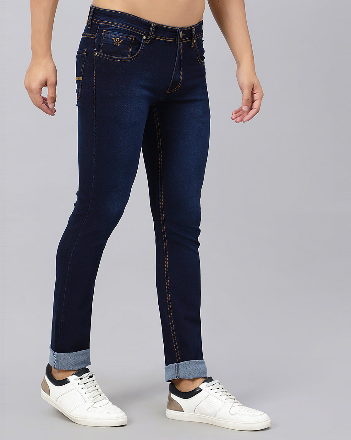 Regular fit, mid rise view of True Colors of India (TCI) Regular Men Dark Blue Jeans