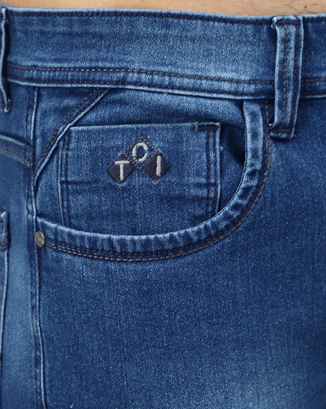 fabric closeup, coin pocket, embroidery view TCI (True Colors of India) Regular Men Blue Jeans