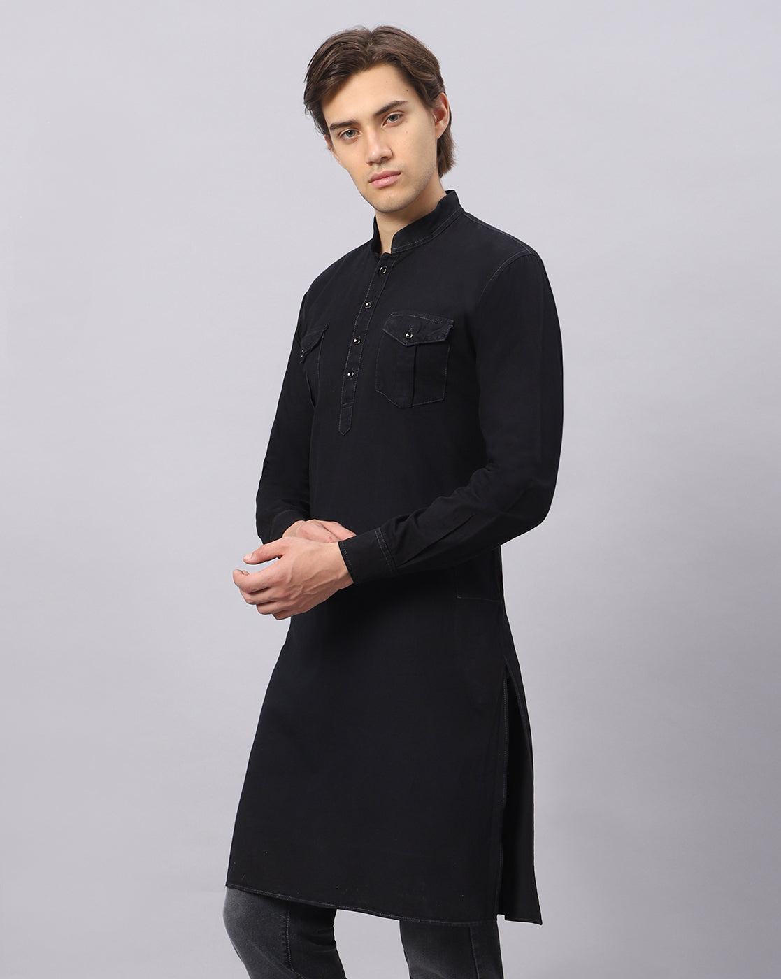 Side view of TCI Men’s Black Denim Cotton Kurta, highlighting the full sleeve and mandarin neck design.