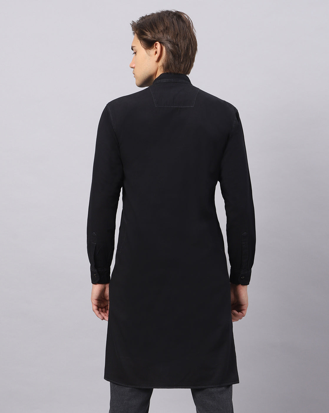 Back view of TCI Men’s Black Denim Cotton Kurta, featuring the knee-length cut and sleek black fabric.