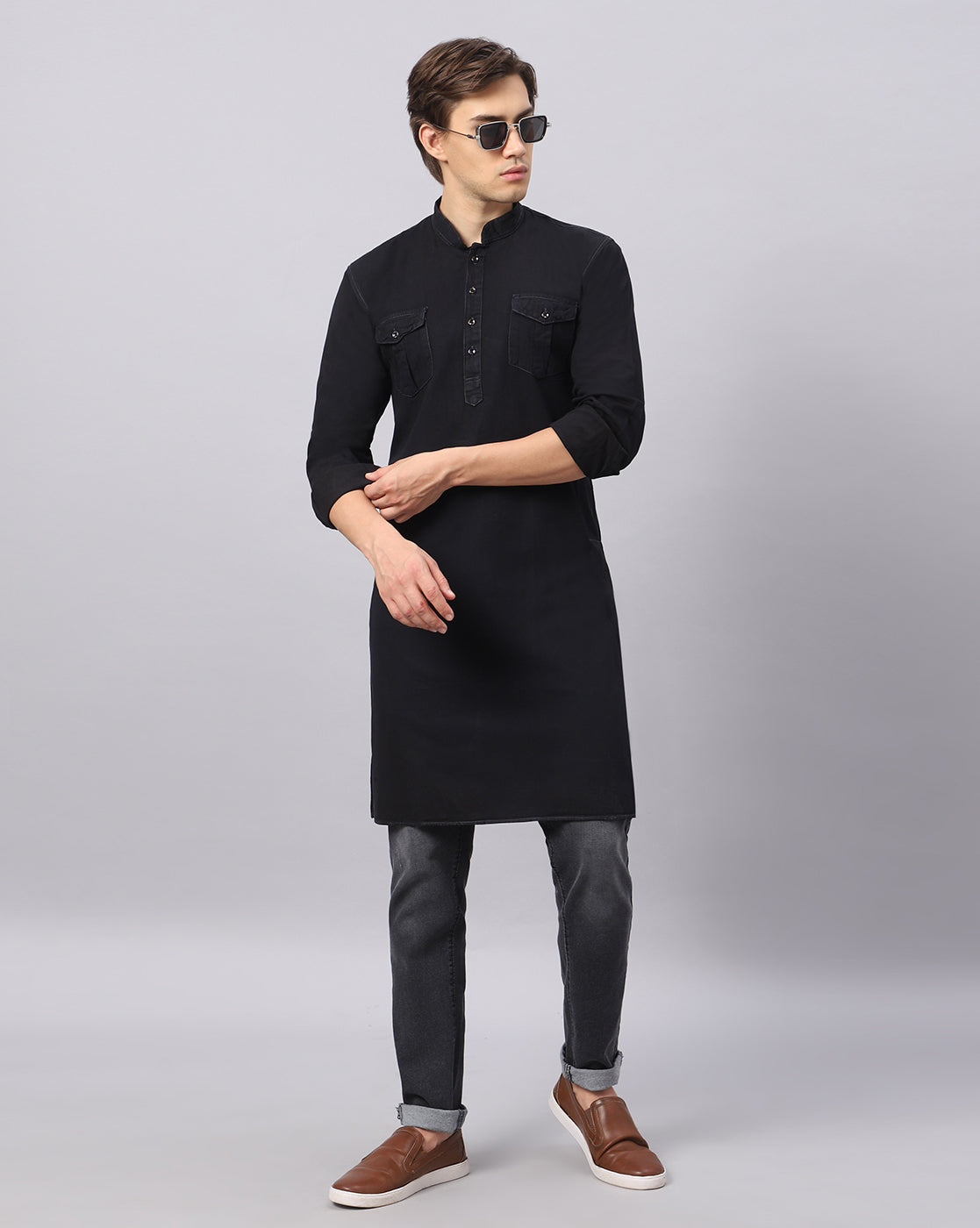 TCI Men’s Black Denim Cotton Kurta styled demonstrating a complete traditional look.