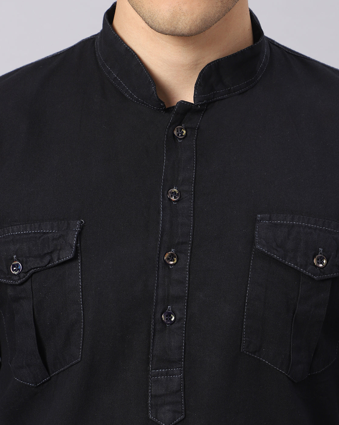 Close-up of the mandarin neck of TCI Men’s Black Denim Cotton Kurta, emphasizing the elegant collar detail.