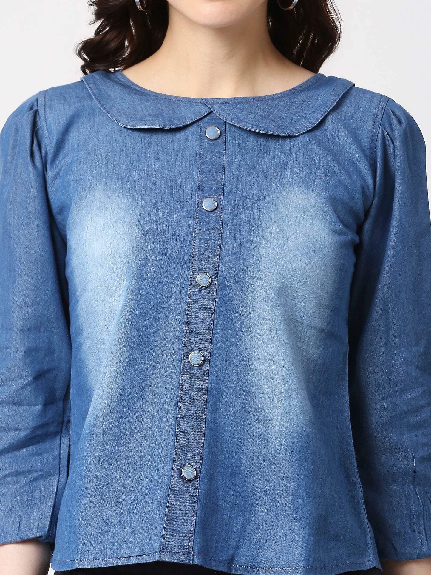 Cefalu®️ Women Denim Cotton Balloon 3/4sleeve Top