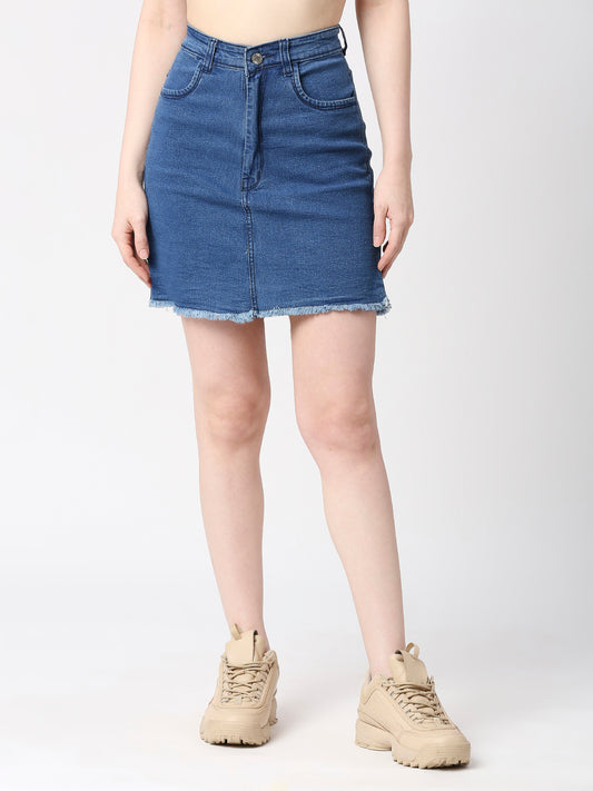 Cefalu®️ Women Light Blue Denim Cotton Raw edge Skirt