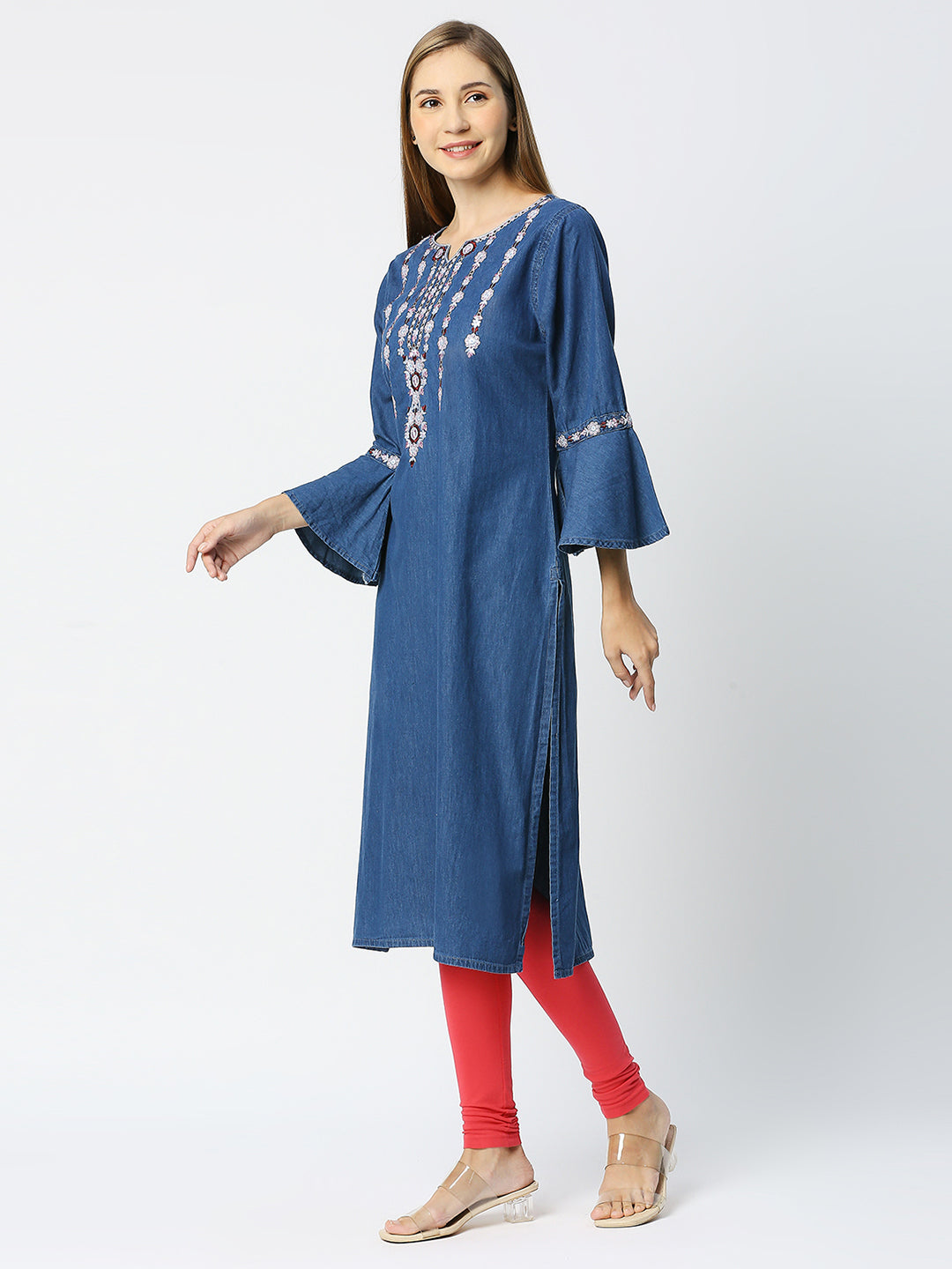 Cefalu®️ Denim Straight kurti with bell sleeves / Embroidered Denim Kurta / Dress for Women Casual WEAR