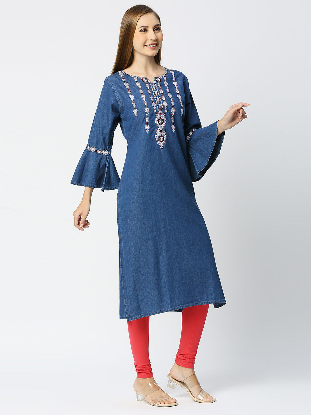 Cefalu®️ Denim Straight kurti with bell sleeves / Embroidered Denim Kurta / Dress for Women Casual WEAR