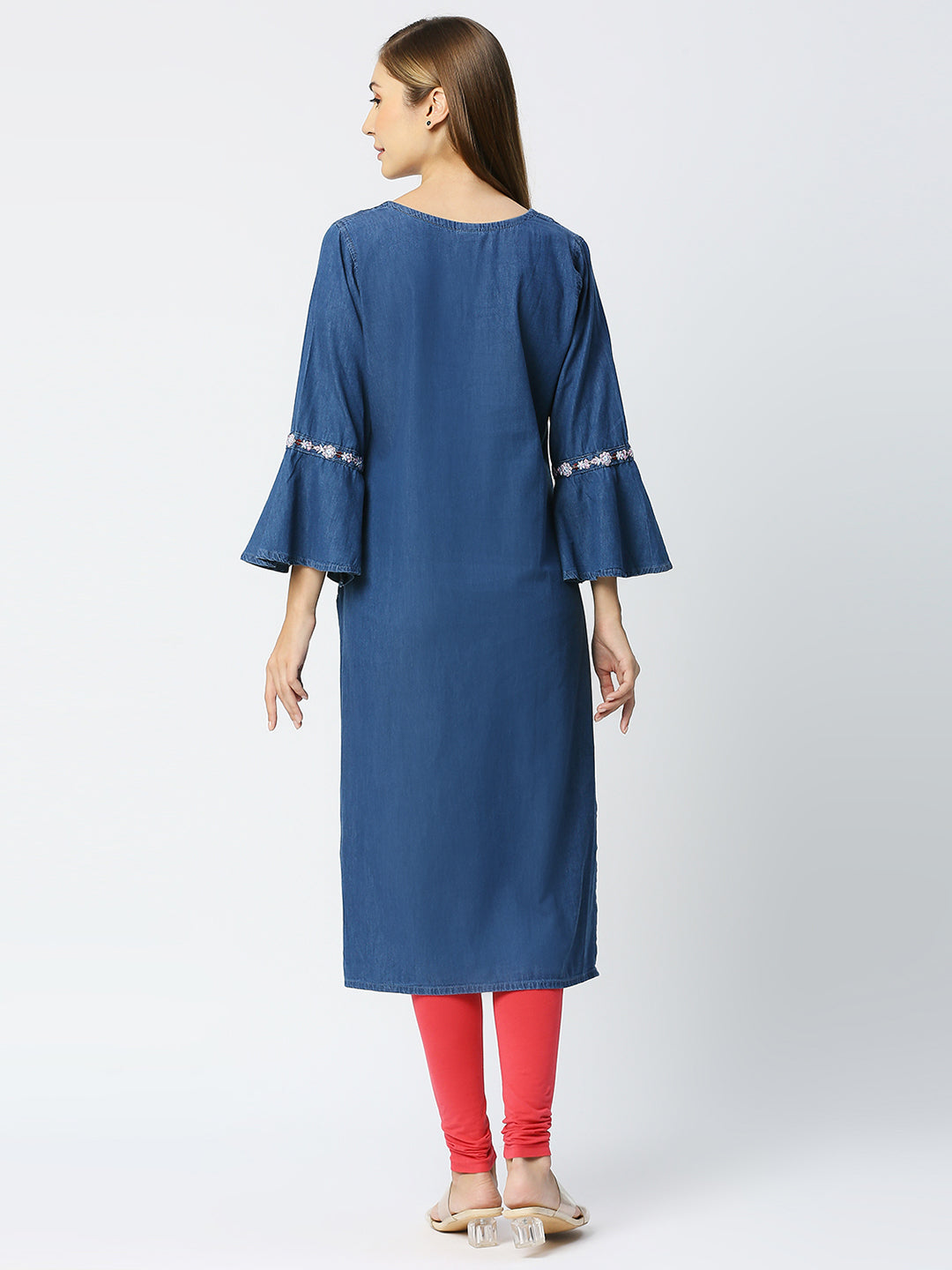 Cefalu®️ Denim Straight kurti with bell sleeves / Embroidered Denim Kurta / Dress for Women Casual WEAR