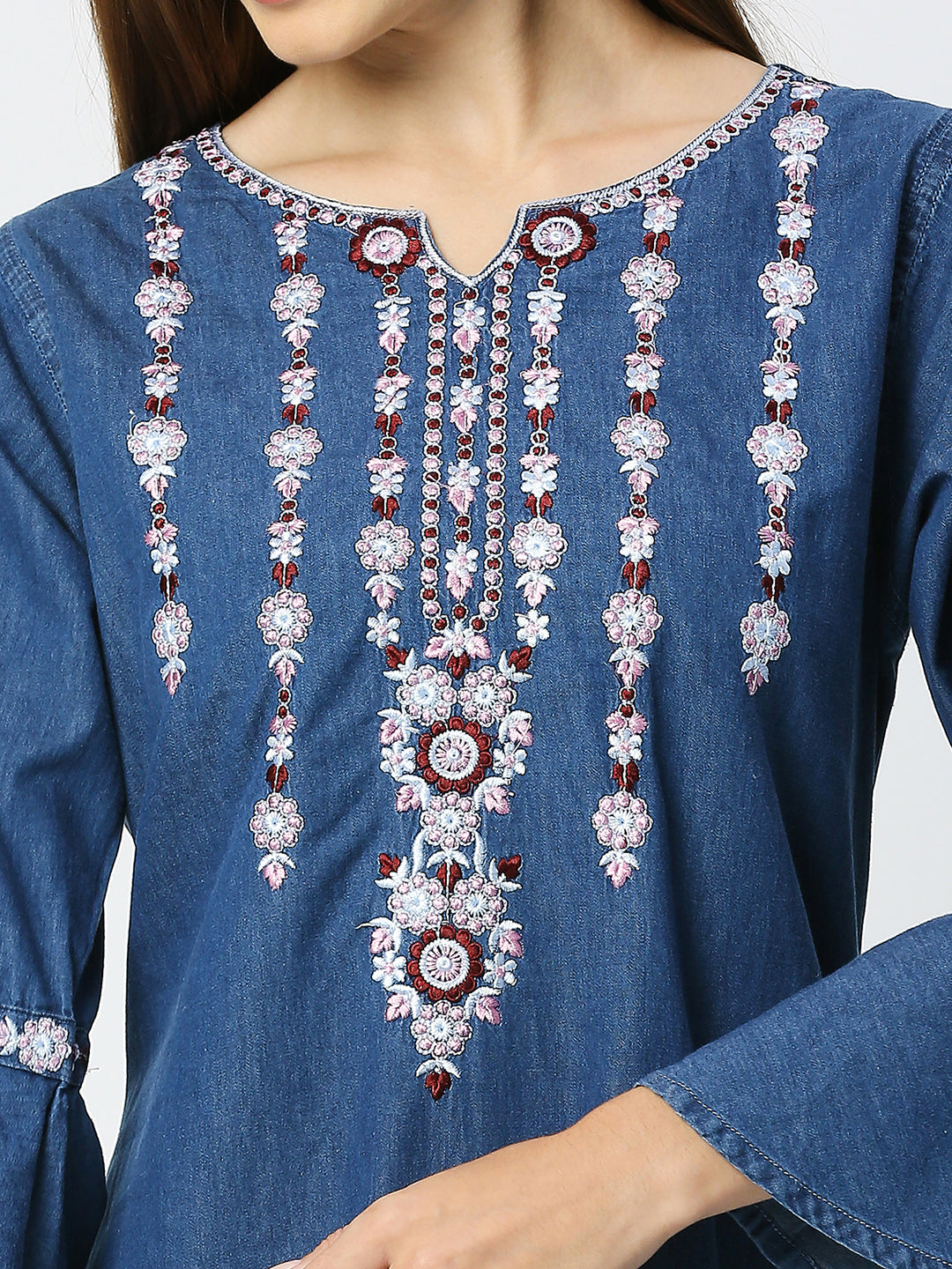 Cefalu®️ Denim Straight kurti with bell sleeves / Embroidered Denim Kurta / Dress for Women Casual WEAR