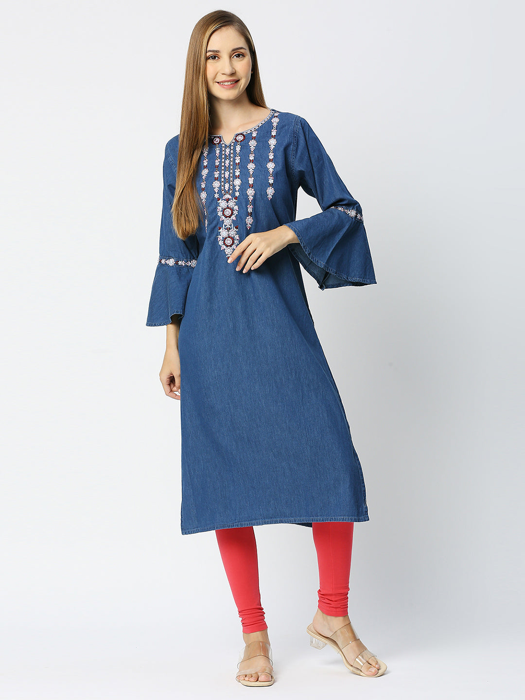 Cefalu®️ Denim Straight kurti with bell sleeves / Embroidered Denim Kurta / Dress for Women Casual WEAR