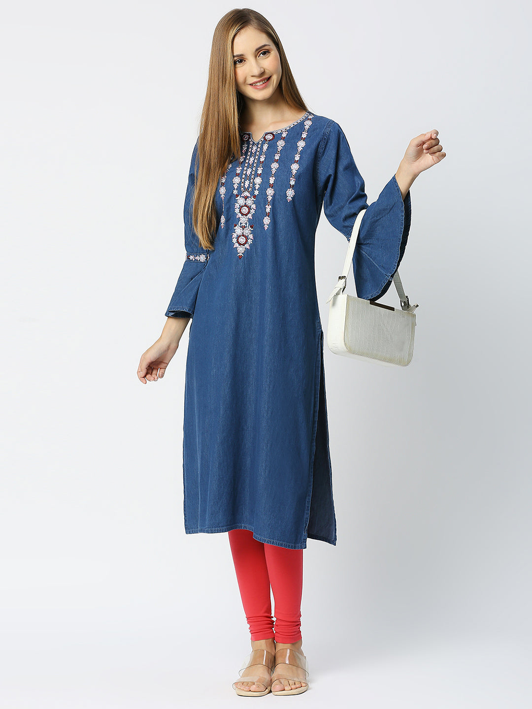 Cefalu®️ Denim Straight kurti with bell sleeves / Embroidered Denim Kurta / Dress for Women Casual WEAR