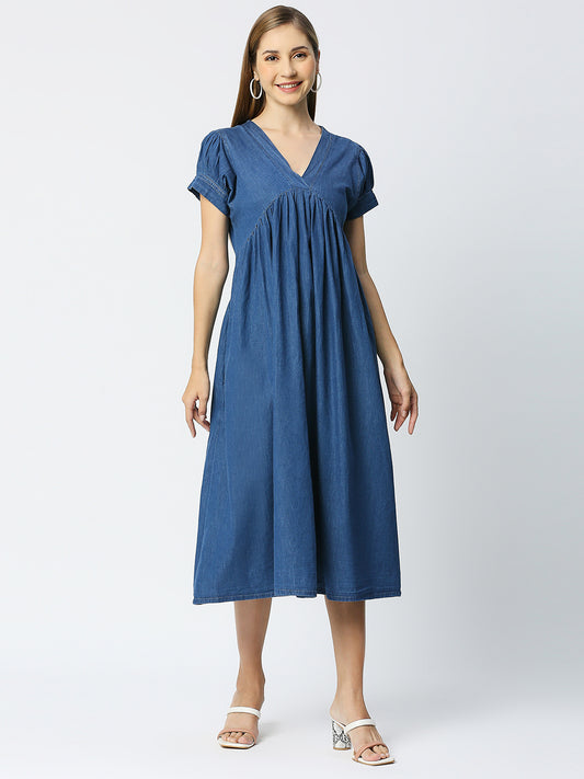 Denim V Neck Gathered Dress with both side pocket