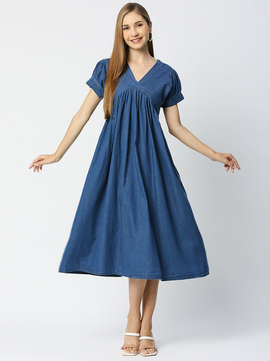 Denim V Neck Gathered Dress with both side pocket