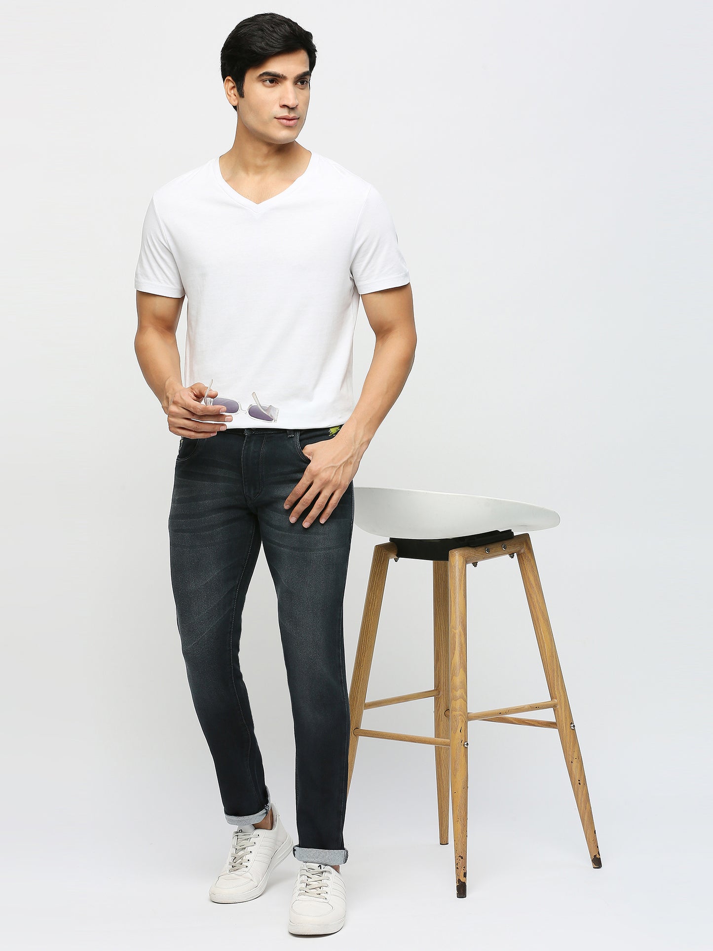 True Colors of India®️ (TCI) Men's Slim Fit Poly Knit stretchable whiskered Dark Grey jeans