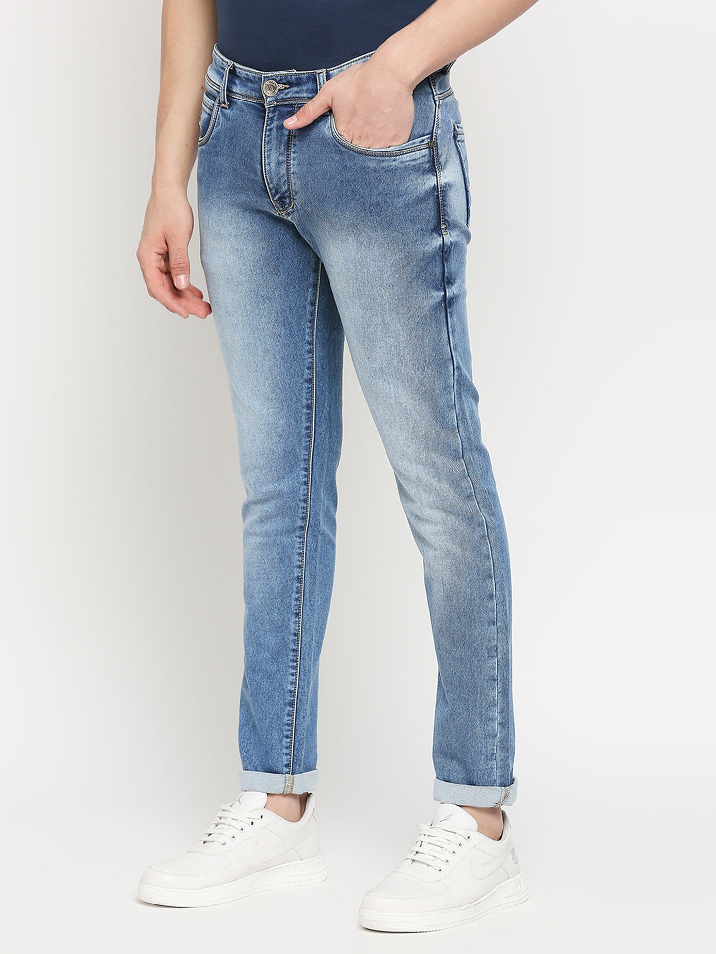 True Colors of India®️ (TCI) Mid blue whisker Stretchable Casual Denim Knitts Cotton Jeans Slim Fit Mid Rise full Length(42 inch)
