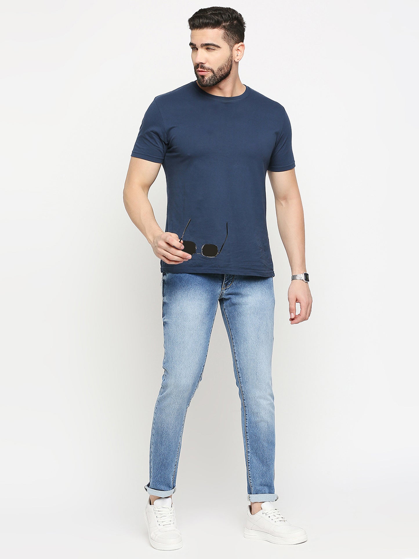 True Colors of India®️ (TCI) Mid blue whisker Stretchable Casual Denim Knitts Cotton Jeans Slim Fit Mid Rise full Length(42 inch)