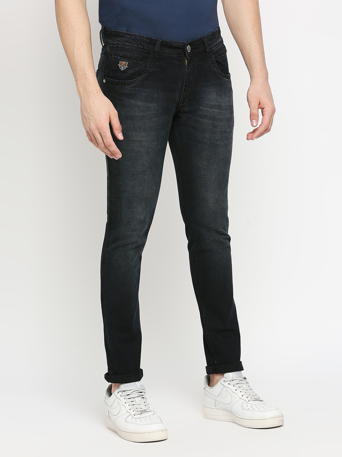 True Colors of India®️ (TCI) Black whisker Stretchable Casual Denim Cotton Satin Jeans Slim Fit Mid Rise full Length(42 inch)