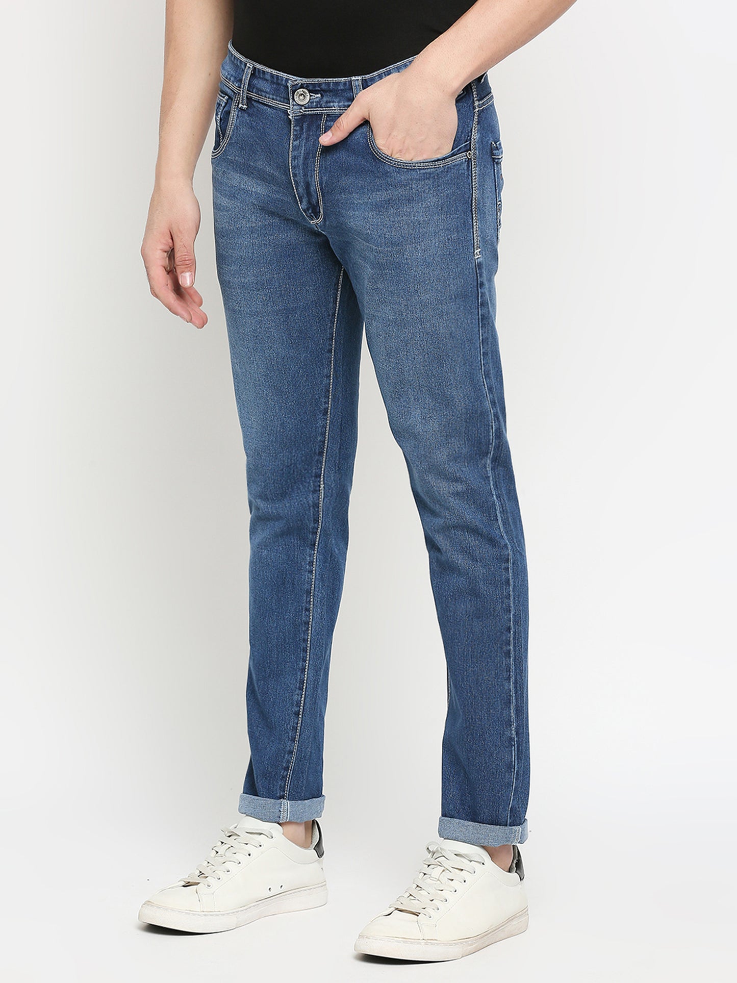 True Colors of India®️ (TCI) Mid Blue Whisker Stretchable Casual Denim Cotton Satin Jeans Slim Fit Mid Rise full Length(42 inch)