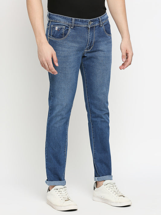 True Colors of India®️ (TCI) Mid Blue Whisker Stretchable Casual Denim Cotton Satin Jeans Slim Fit Mid Rise full Length(42 inch)