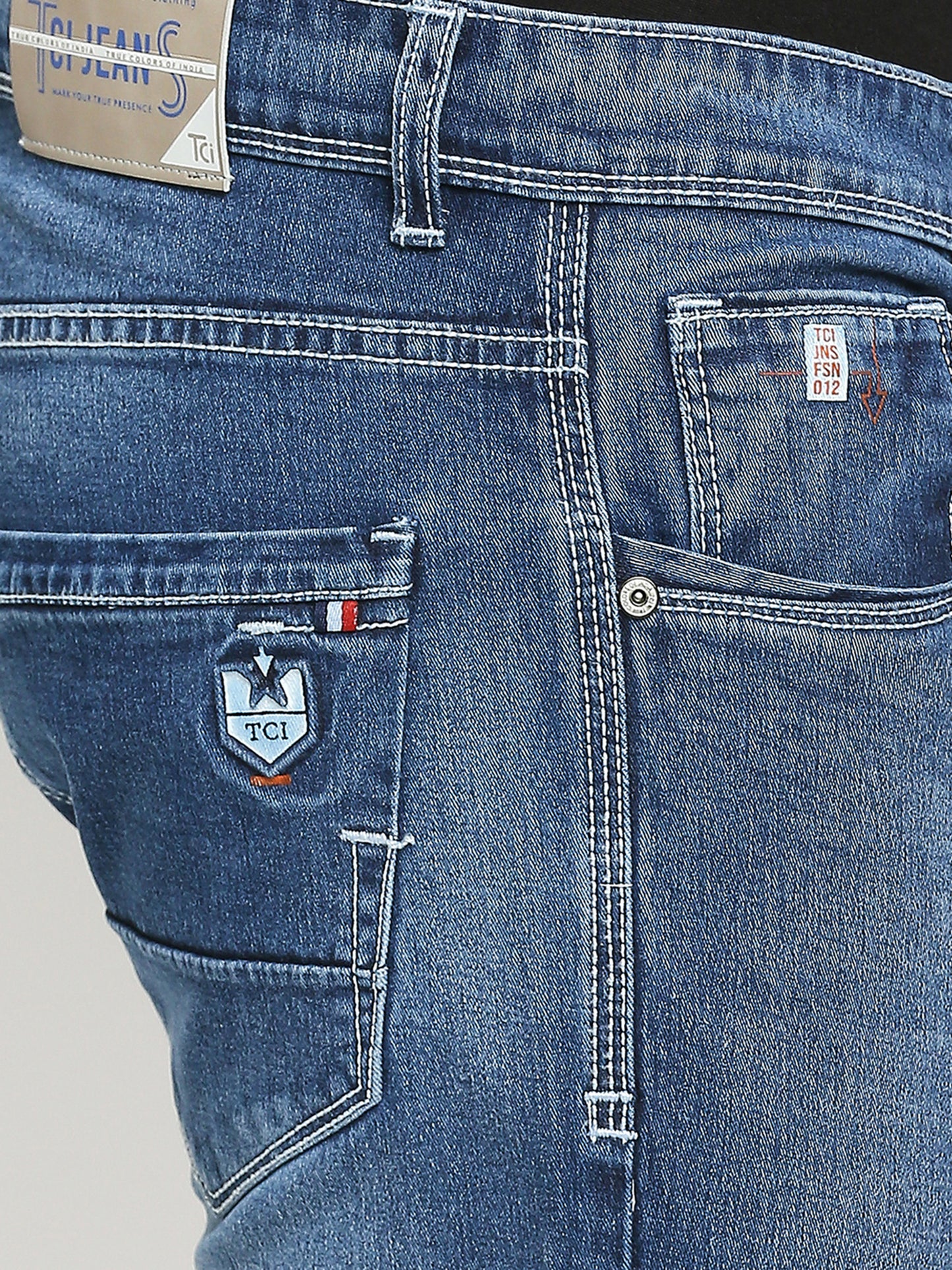 True Colors of India®️ (TCI) Mid Blue Whisker Stretchable Casual Denim Cotton Satin Jeans Slim Fit Mid Rise full Length(42 inch)