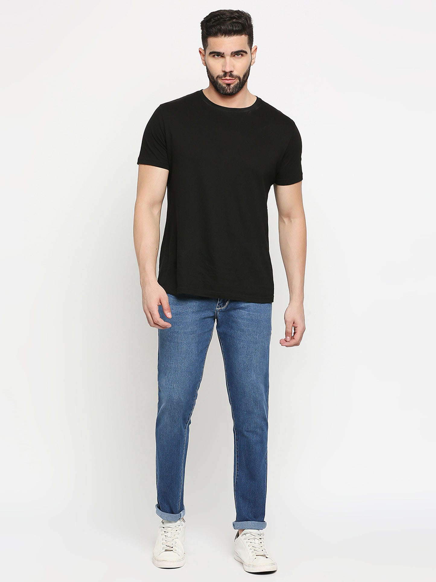 True Colors of India®️ (TCI) Mid Blue Whisker Stretchable Casual Denim Cotton Satin Jeans Slim Fit Mid Rise full Length(42 inch)
