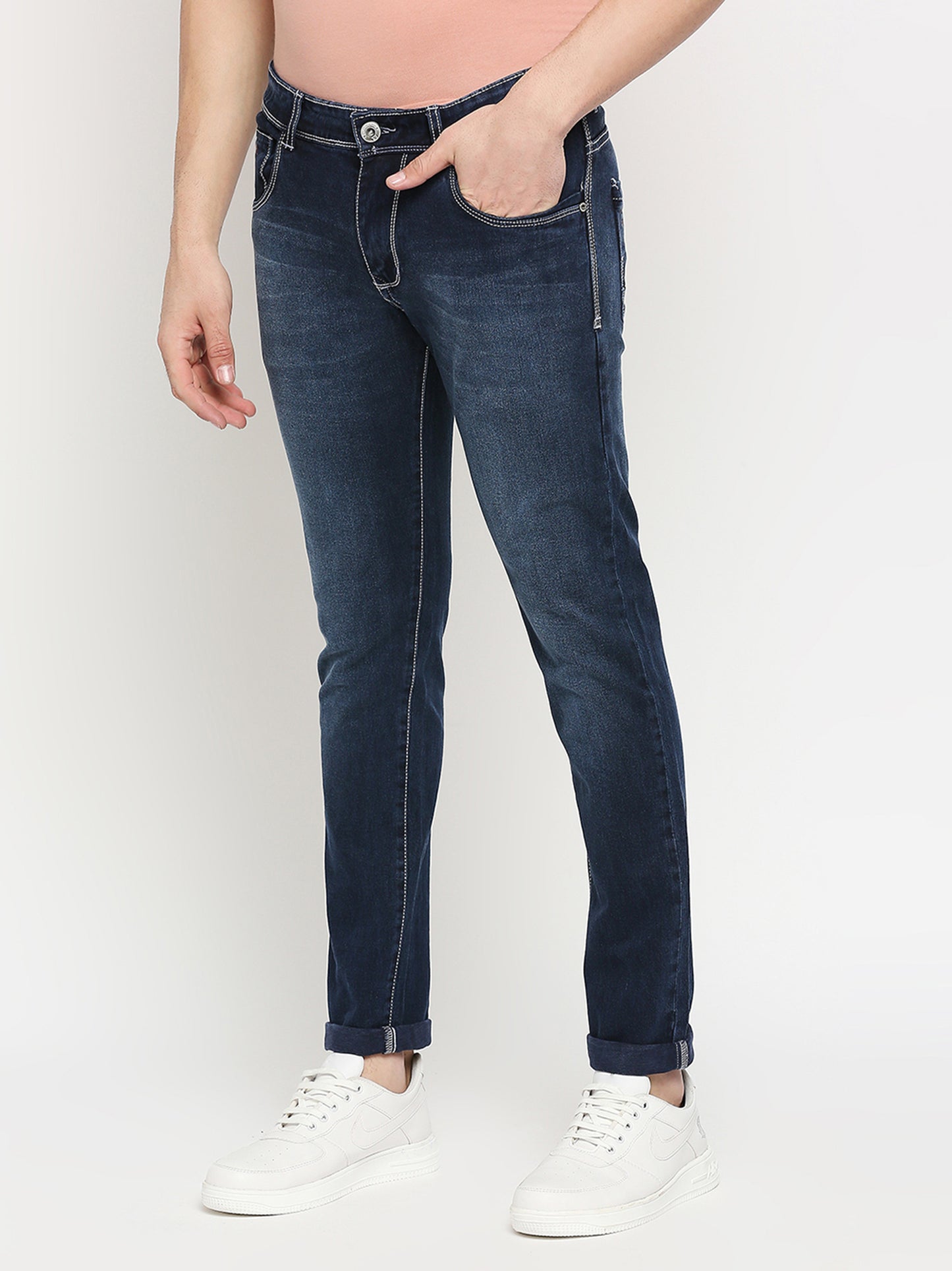 True Colors of India®️ (TCI) Ink Blue whisker Stretchable Casual Denim Cotton Satin Jeans Slim Fit Mid Rise full Length(42 inch)