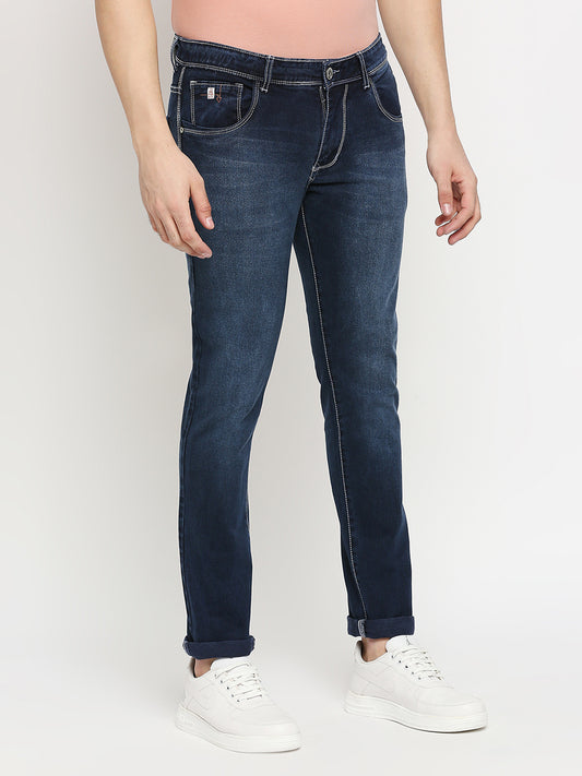 True Colors of India®️ (TCI) Ink Blue whisker Stretchable Casual Denim Cotton Satin Jeans Slim Fit Mid Rise full Length(42 inch)