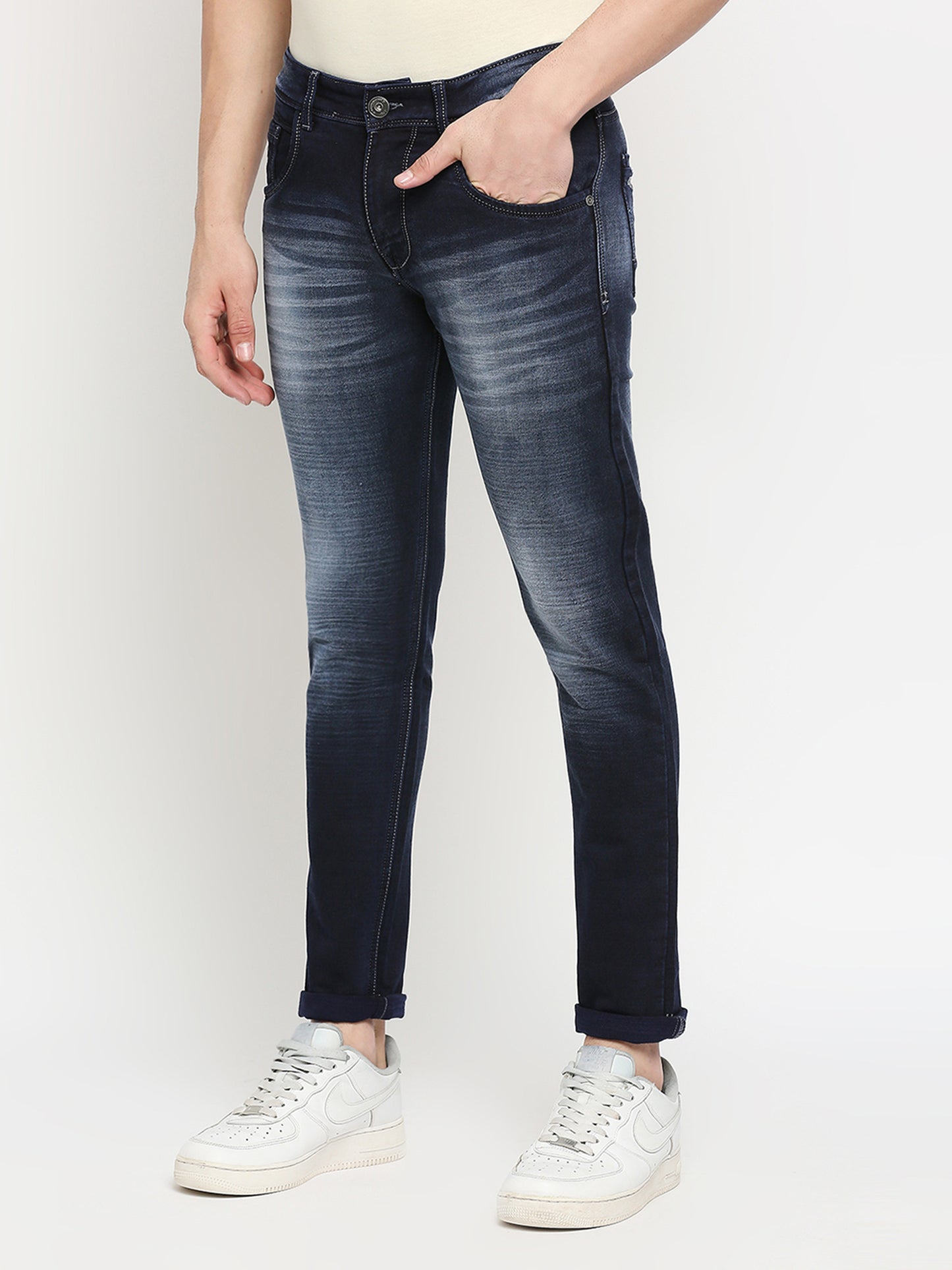 True Colors of India®️ (TCI) Ink Blue whisker Stretchable Casual Denim Knitts slub Jeans Slim Fit Mid Rise full Length(42 inch)