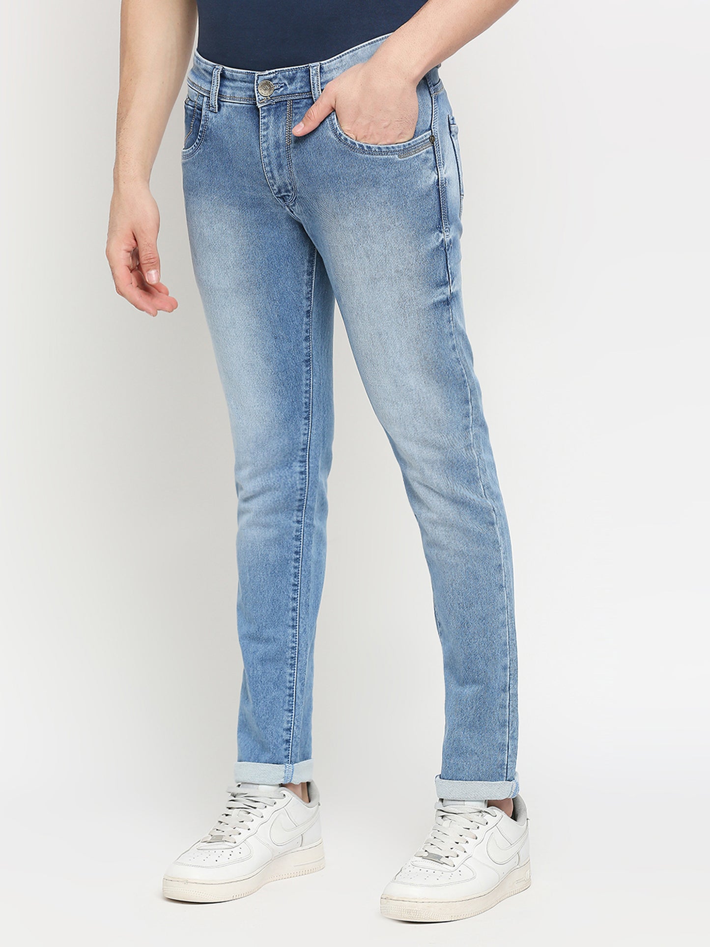 TCI Light blue whisker Stretchable Casual Denim Knitts Cotton Jeans Slim Fit Mid Rise full Length(42 inch)