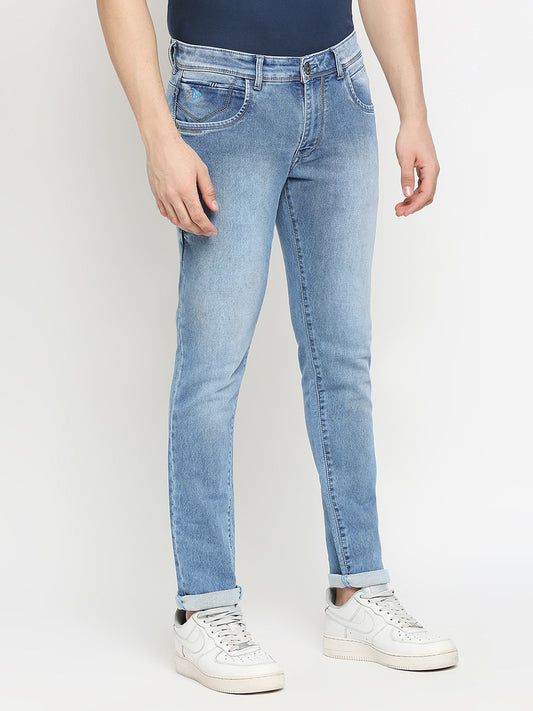 TCI Light blue whisker Stretchable Casual Denim Knitts Cotton Jeans Slim Fit Mid Rise full Length(42 inch)