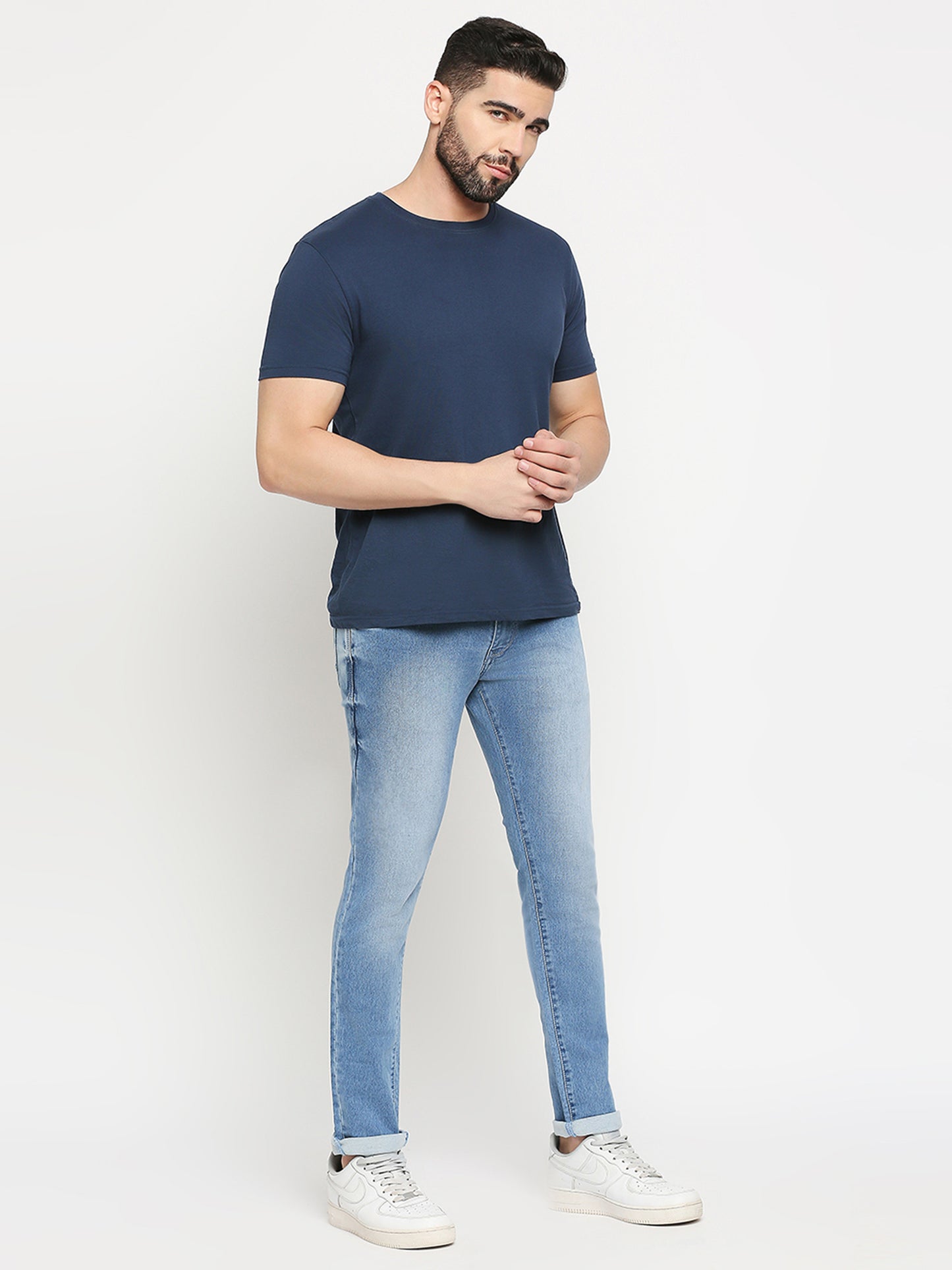 TCI Light blue whisker Stretchable Casual Denim Knitts Cotton Jeans Slim Fit Mid Rise full Length(42 inch)