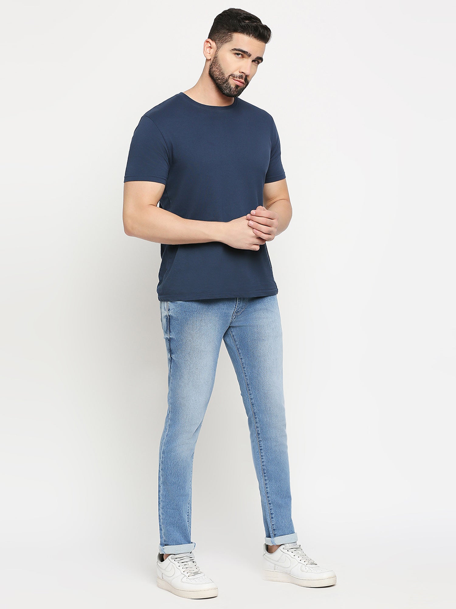 TCI Light blue whisker Stretchable Casual Denim Knitts Cotton Jeans Slim Fit Mid Rise full Length(42 inch)