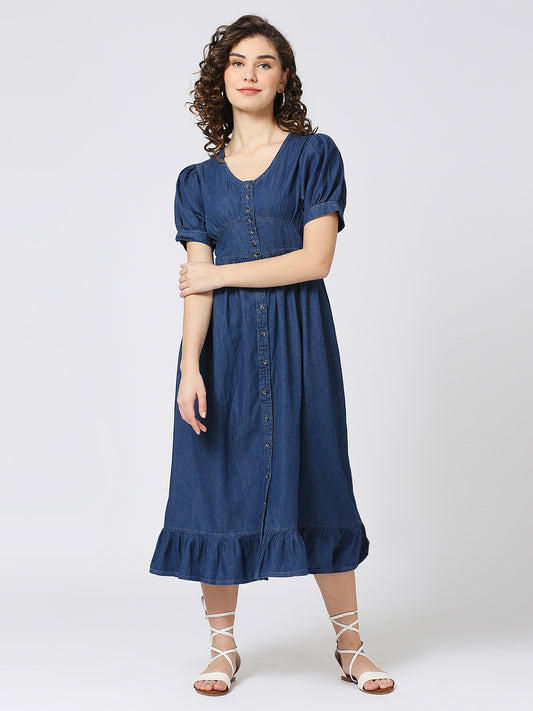 Denim Long Dress with Ballon Sleeves and Front Button Down Pattern