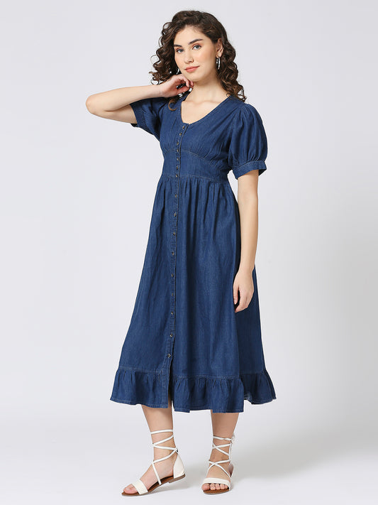 Denim Long Dress with Ballon Sleeves and Front Button Down Pattern