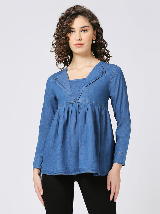 Cefalu®️ Denim Casual Lapel neck peplum top