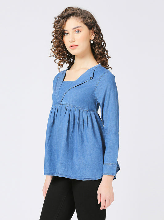 Cefalu®️ Denim Casual Lapel neck peplum top