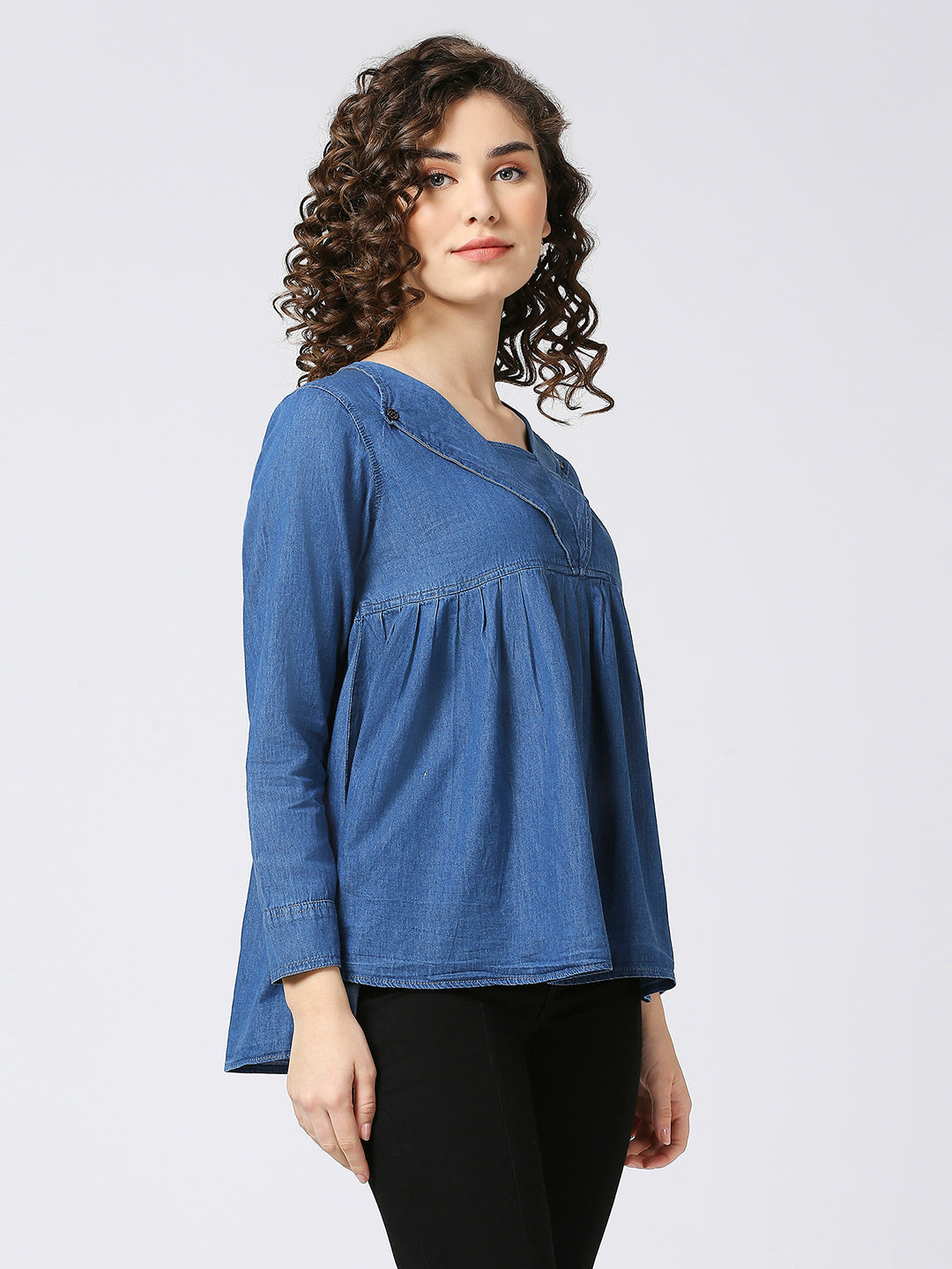 Cefalu®️ Denim Casual Lapel neck peplum top