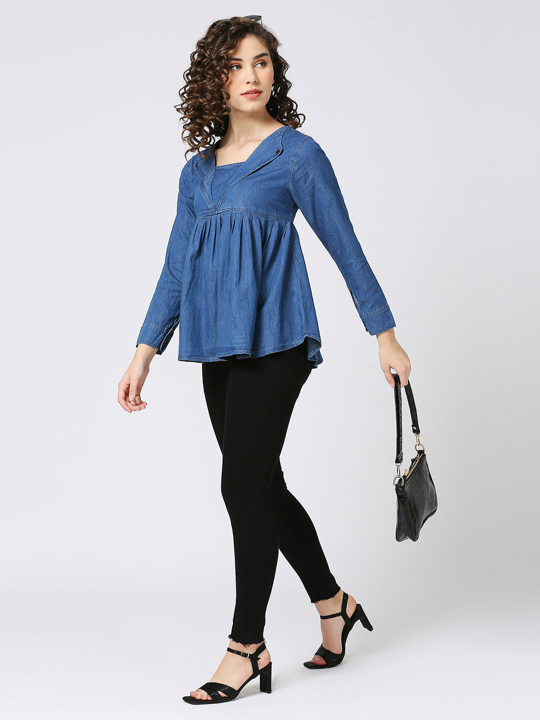 Cefalu®️ Denim Casual Lapel neck peplum top