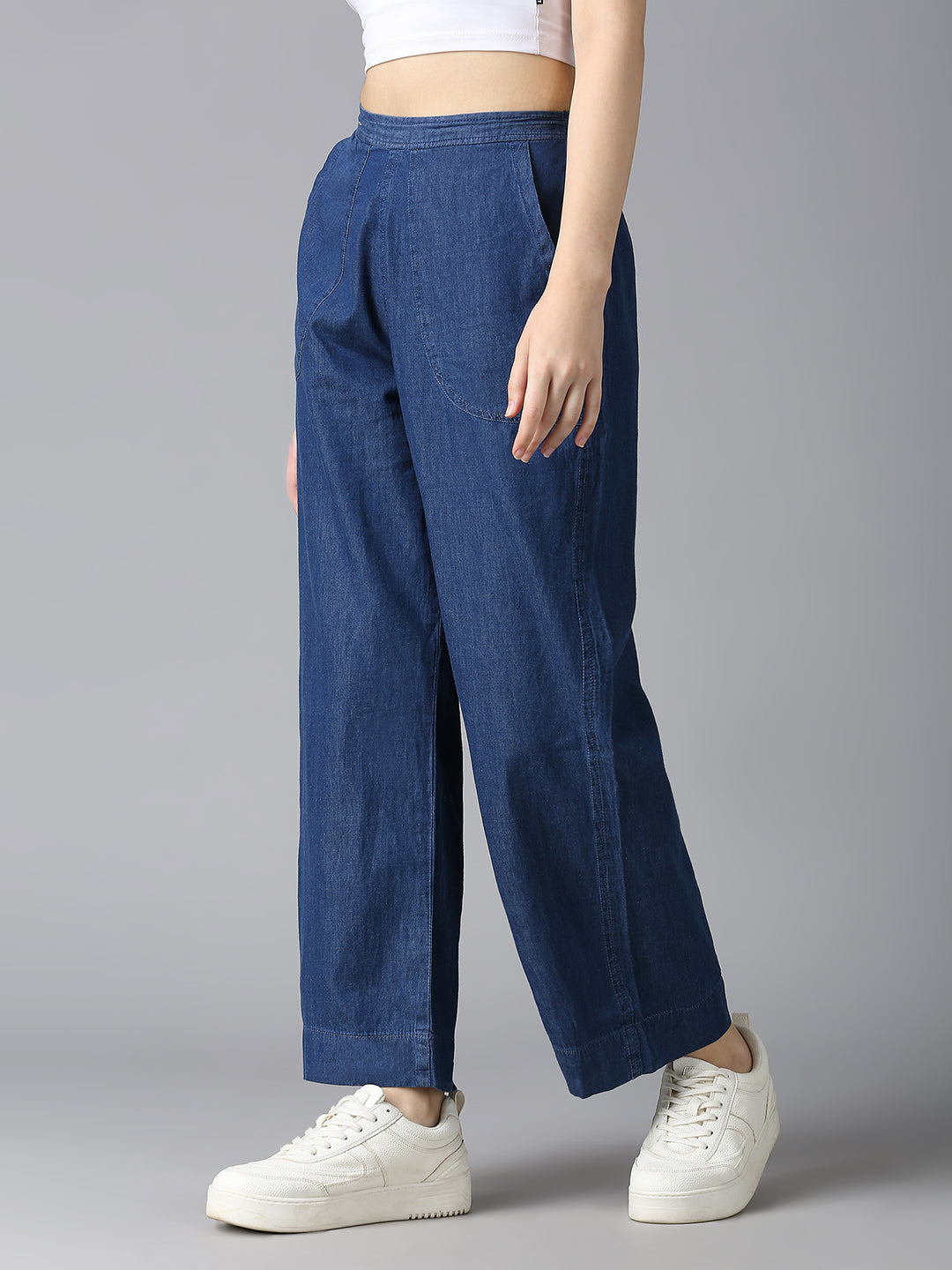 Side view of Cefalu Blue Denim Palazzo Pants - Relaxed Wide-Leg Fit with Deep Pockets, Comfortable Casual Bottomwear