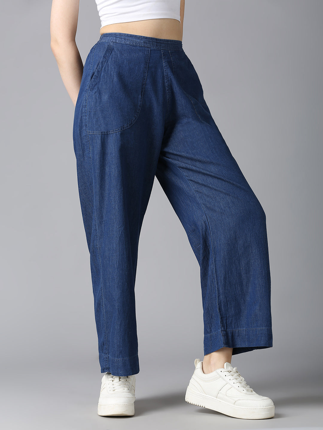 Angled view of Cefalu Women's Denim Palazzo Pants - High Waist, Wide-Leg, Trendy and Breathable Fabric