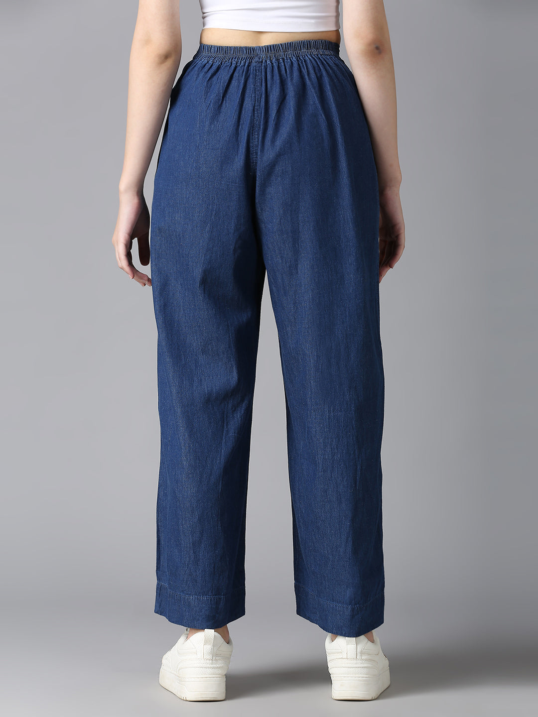 Back view of Cefalu Blue Denim Palazzo Pants - Elastic Waistband, Wide-Leg Comfort Fit, Casual Wear