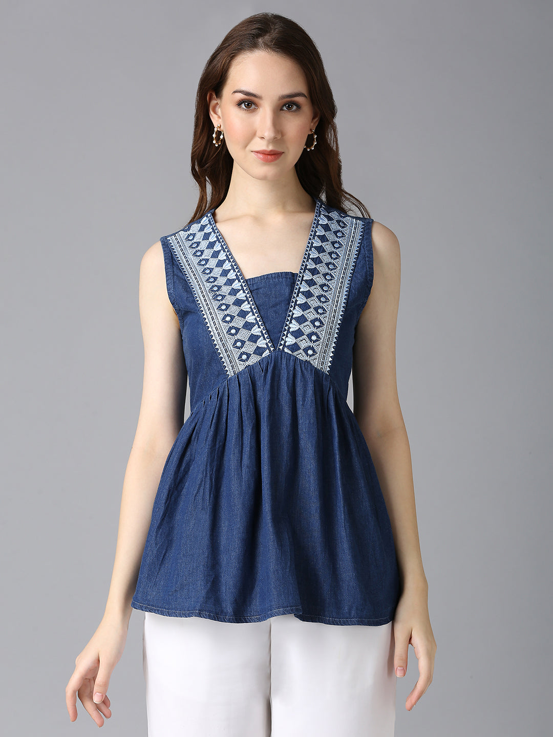 Cefalu Women's Blue Denim Sleeveless Top - V-Neck with Embroidered Detailing, Casual Summer Wear