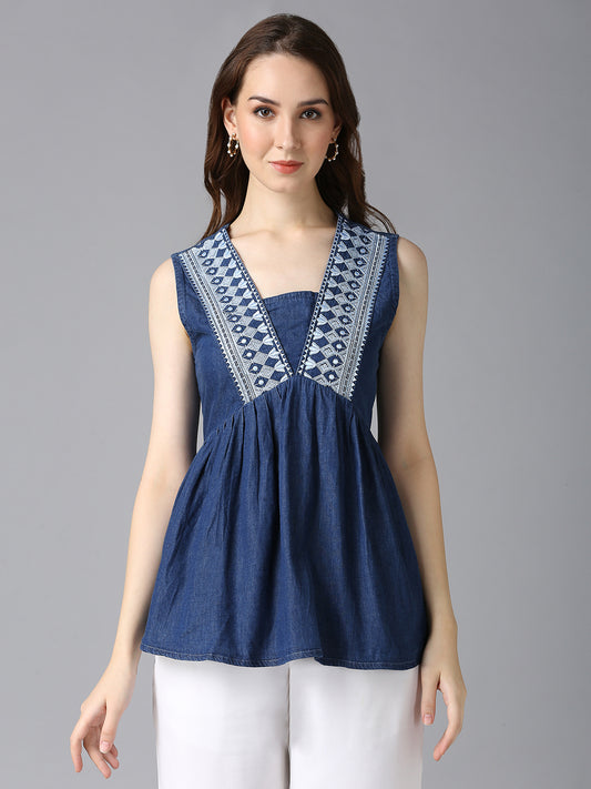 Cefalu Women's Blue Denim Sleeveless Top - V-Neck with Embroidered Detailing, Casual Summer Wear