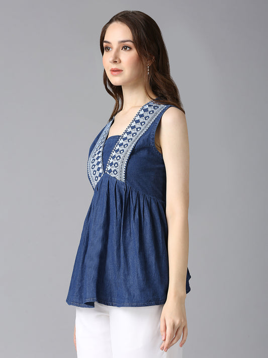 Side view of Cefalu Women's Blue Denim Sleeveless Top - Embroidered Detailing, Flowy Fit, Casual Wear
