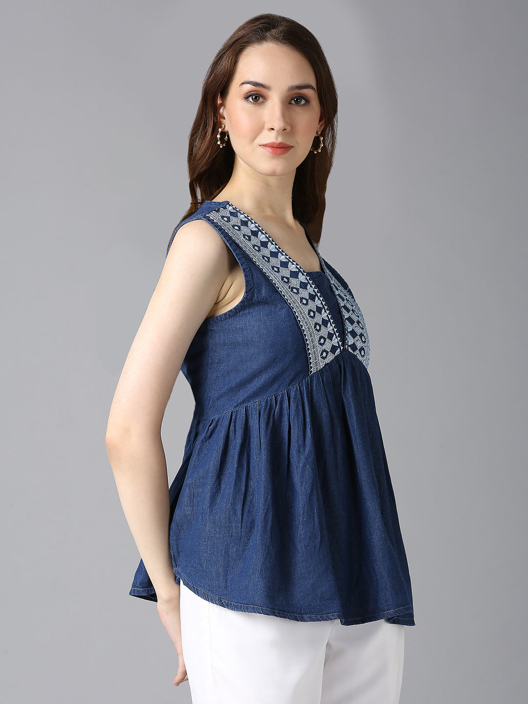 Sleeve view of Cefalu Women's Blue Denim Sleeveless Top - Embroidered Detailing, No Sleeve, Casual Wear