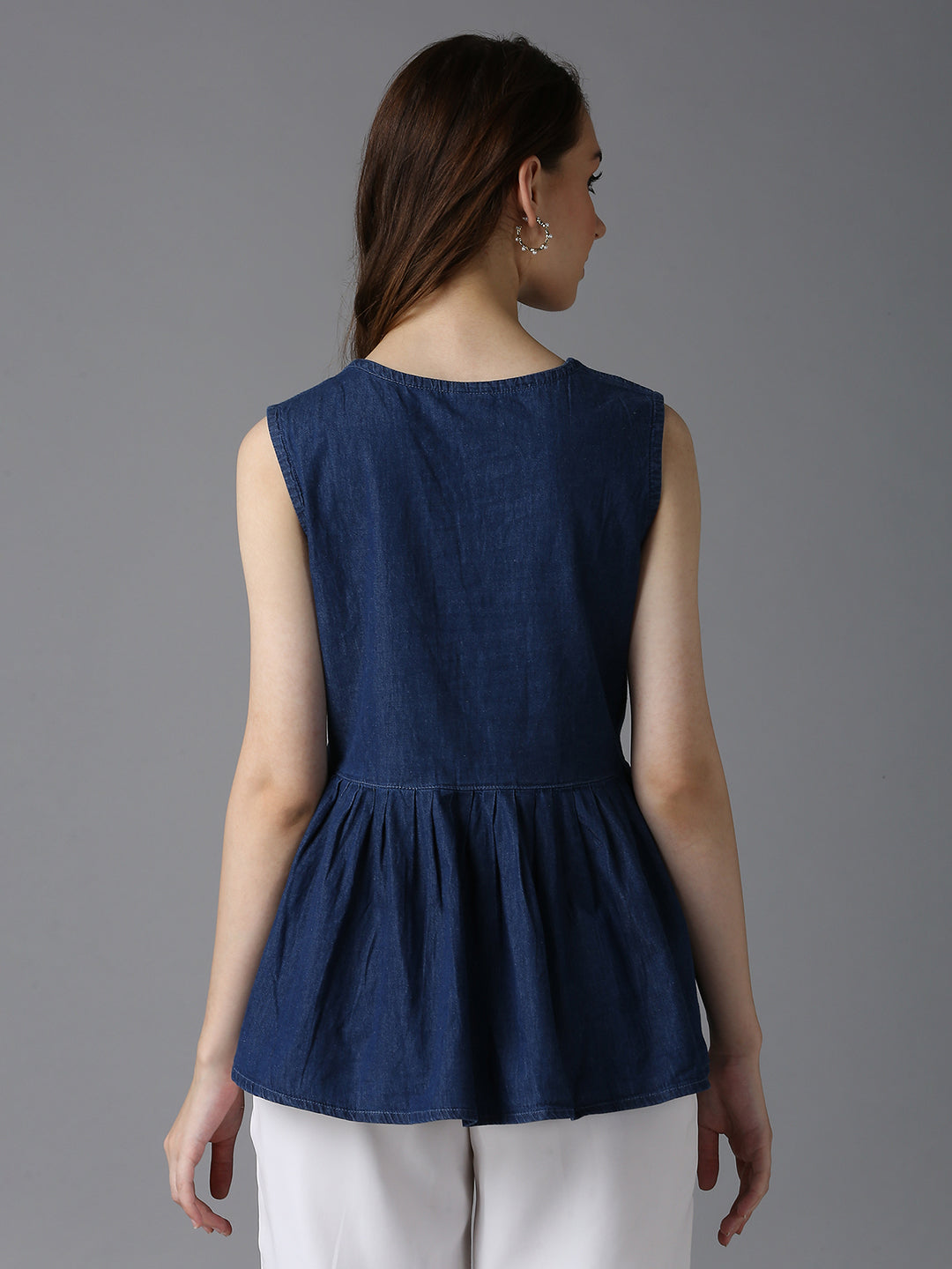 Back view of Cefalu Blue Denim Sleeveless Top - Lightweight, Flowy Fit, Comfortable Casual Wear