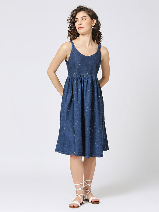 A-line soft cotton denim spaghetti dress