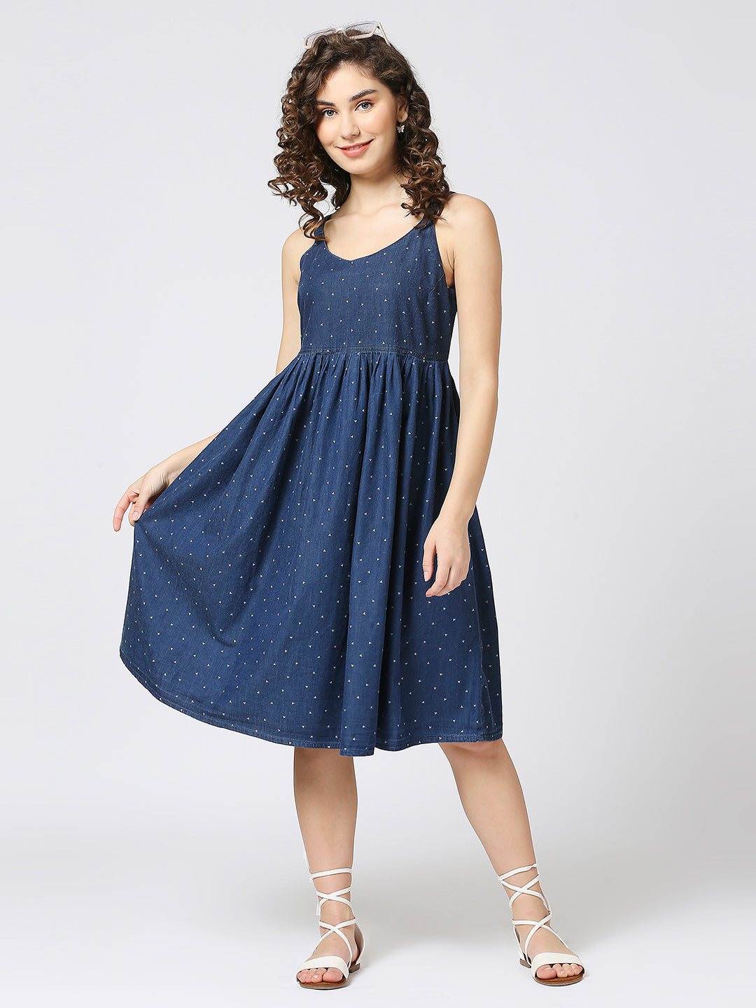 A-line soft cotton denim spaghetti dress