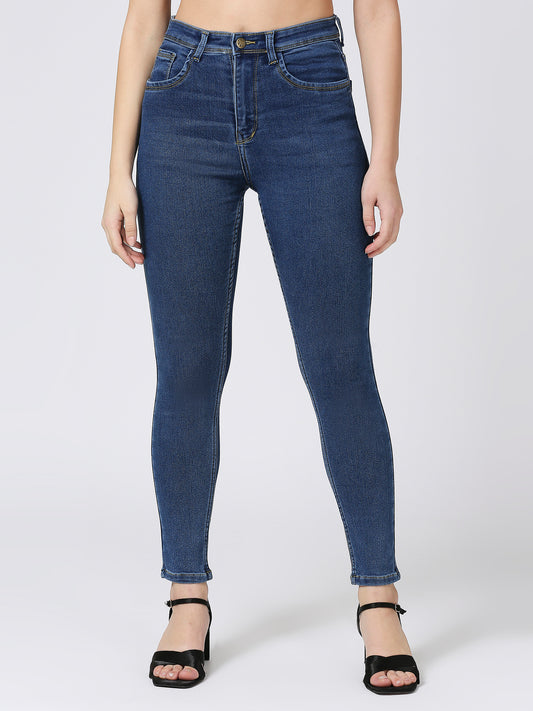 Cefalu Mid Blue High Waist Skinny Fit Jeans For Women